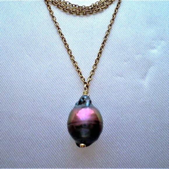 Samira 13 18K Gold Tahitian Black Baroque Pearl Pendant Necklace Chain $1310 - Picture 4 of 9